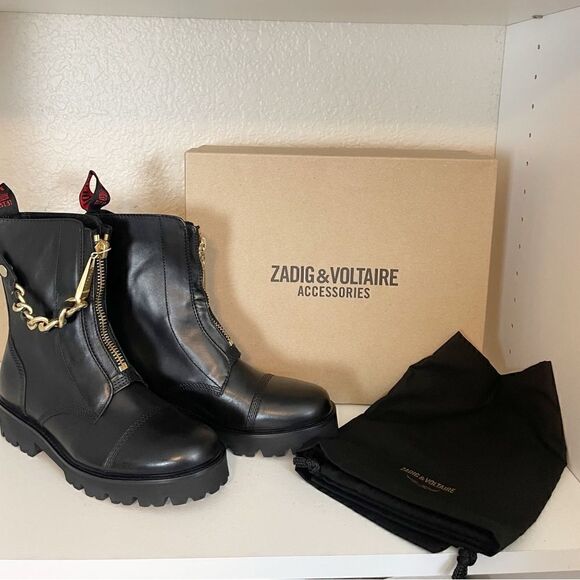 Zadig & Voltaire Joe Cecilia leather combat moto boots with gold chain New - Picture 6 of 16